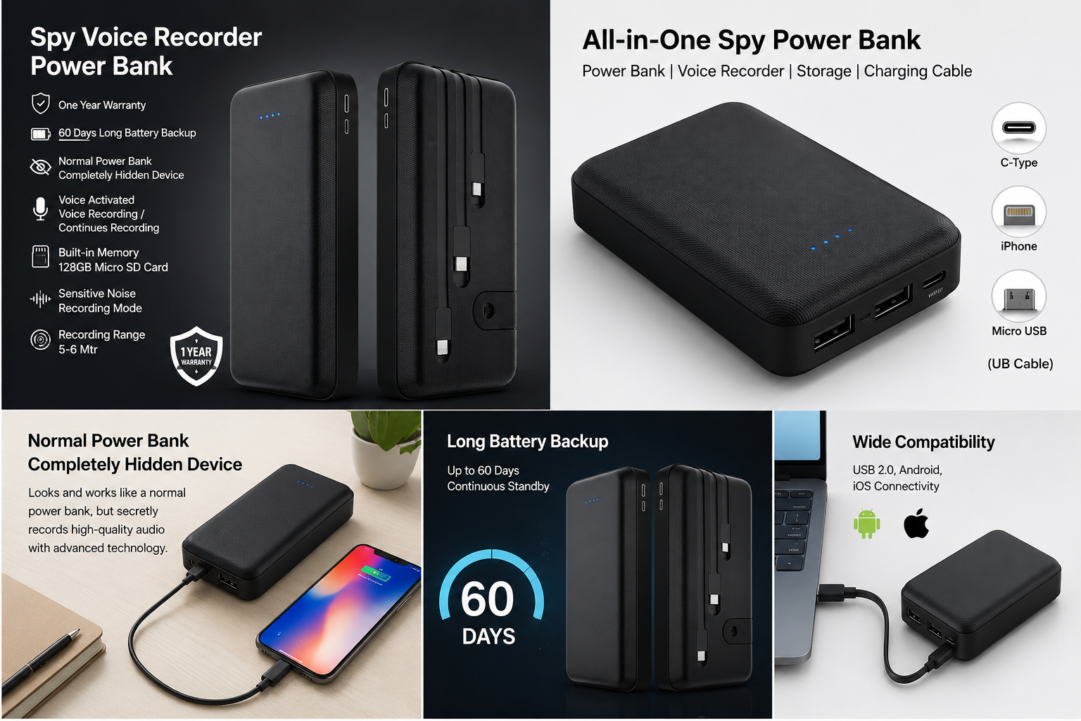 Spy Voice Recorder Power Bank WIth 60 Days Long Battery Backup